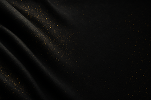 Premium streetwear banner background, deep black fabric folds with rich texture, soft directional light from top left, subtle gold foil dust and micro-particles (#C9A24B) scattered diagonally, smooth gradient that leaves a darker empty area in the center for title overlay, minimal, luxurious, modern, 2.4:1 wide hero